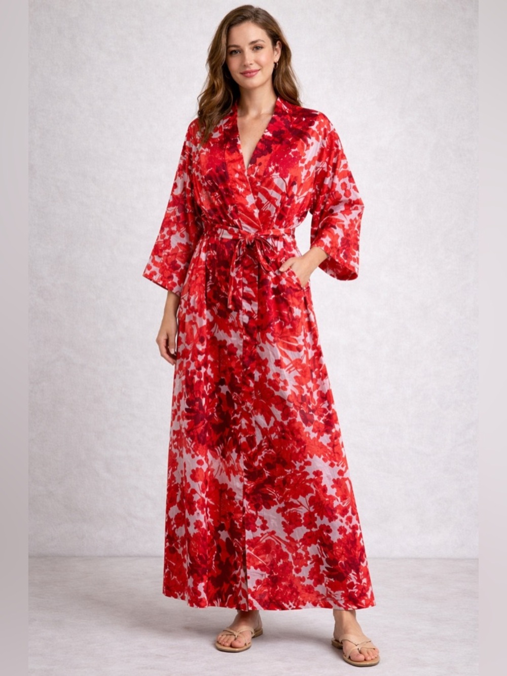 Natori Robe Long Satin Wrap Floral Red White Gold Kimono Maxi Belted Pockets XL